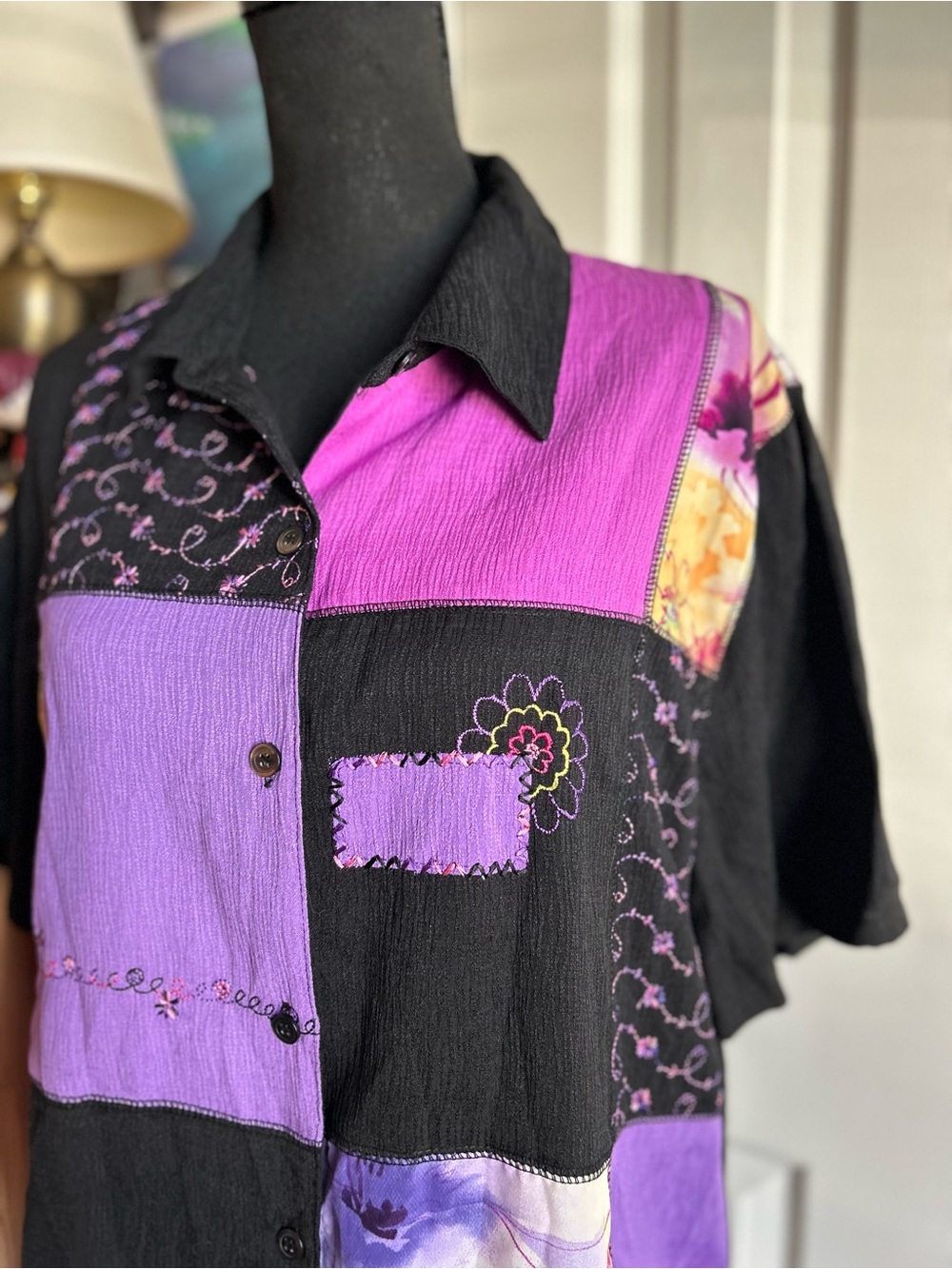 Vintage black and purple patchwork embroidered button down blouse - Picture 3 of 5